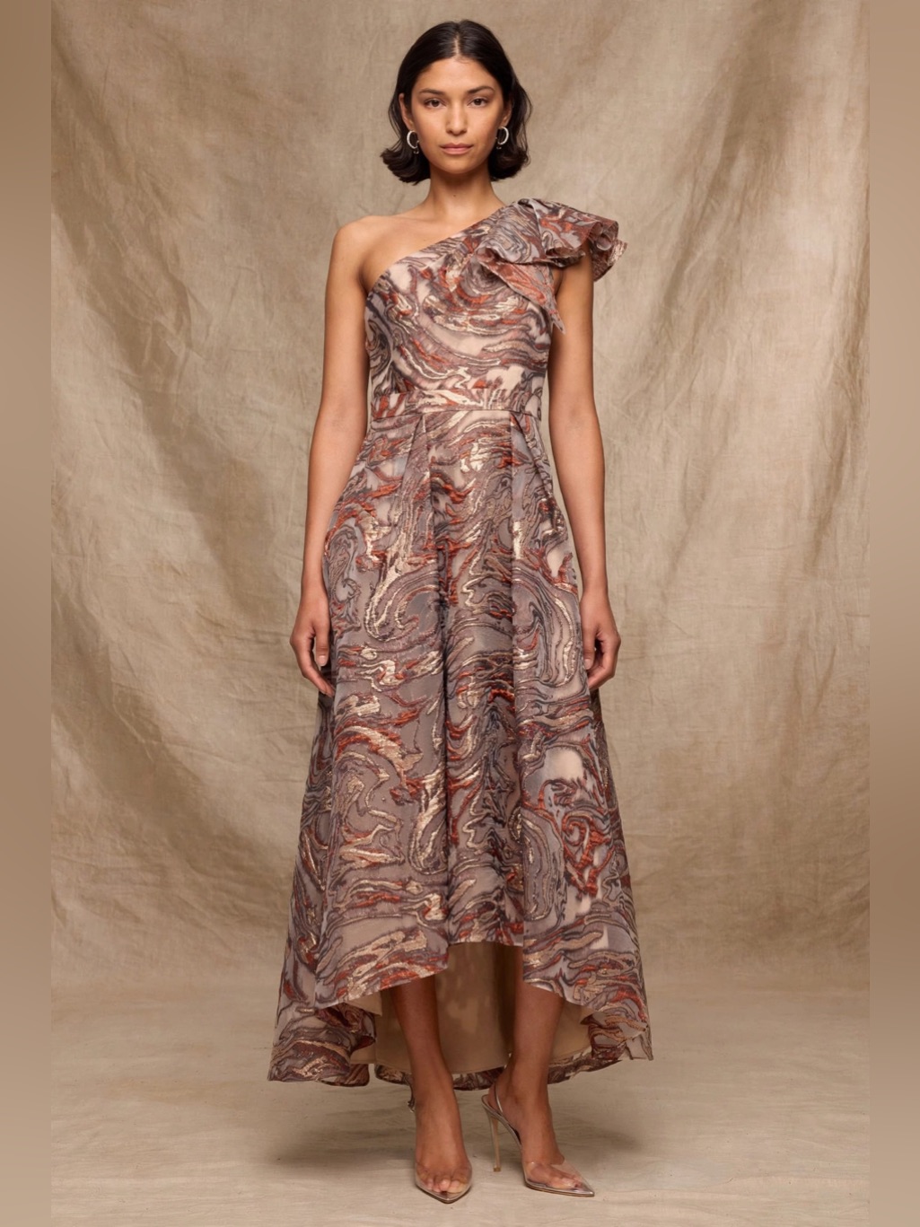 Aidan Mattox Clipped Jacquard High Low Dress One Shoulder Ruffle Sz 8.